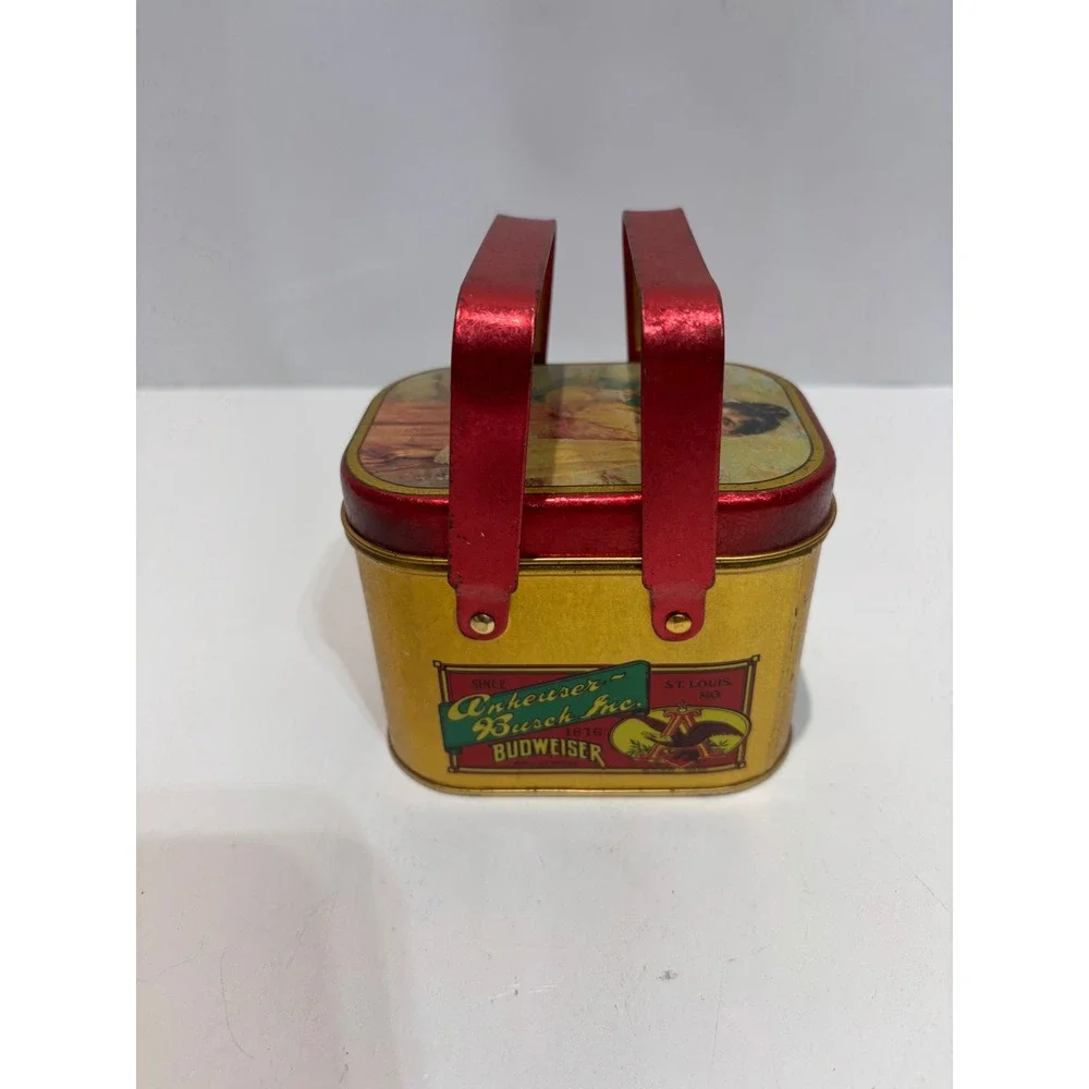 VTG Budweiser Tin Picnic Basket Small Gold Red Vintage 1992 Anheuser Busch